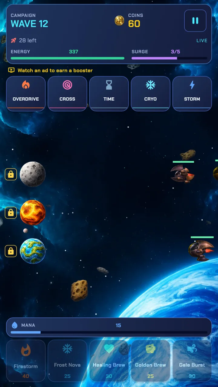 Campaign battle: planet weapons defend lanes against incoming enemy ships