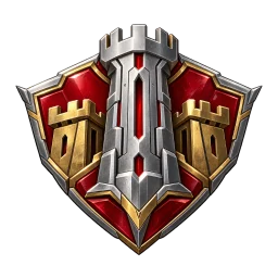 Siege Vanguard badge: a red shield with a silver central spire