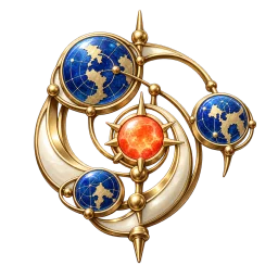 Orrery of the Unbroken Map badge: blue celestial globes orbiting a red star in a golden frame