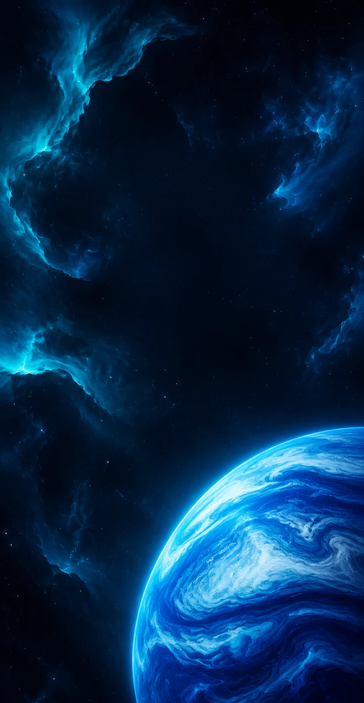 Astra Belt: a blue planet beneath luminous cyan nebulae