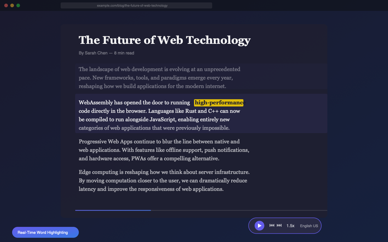 MurMur reading an article with real-time word highlighting