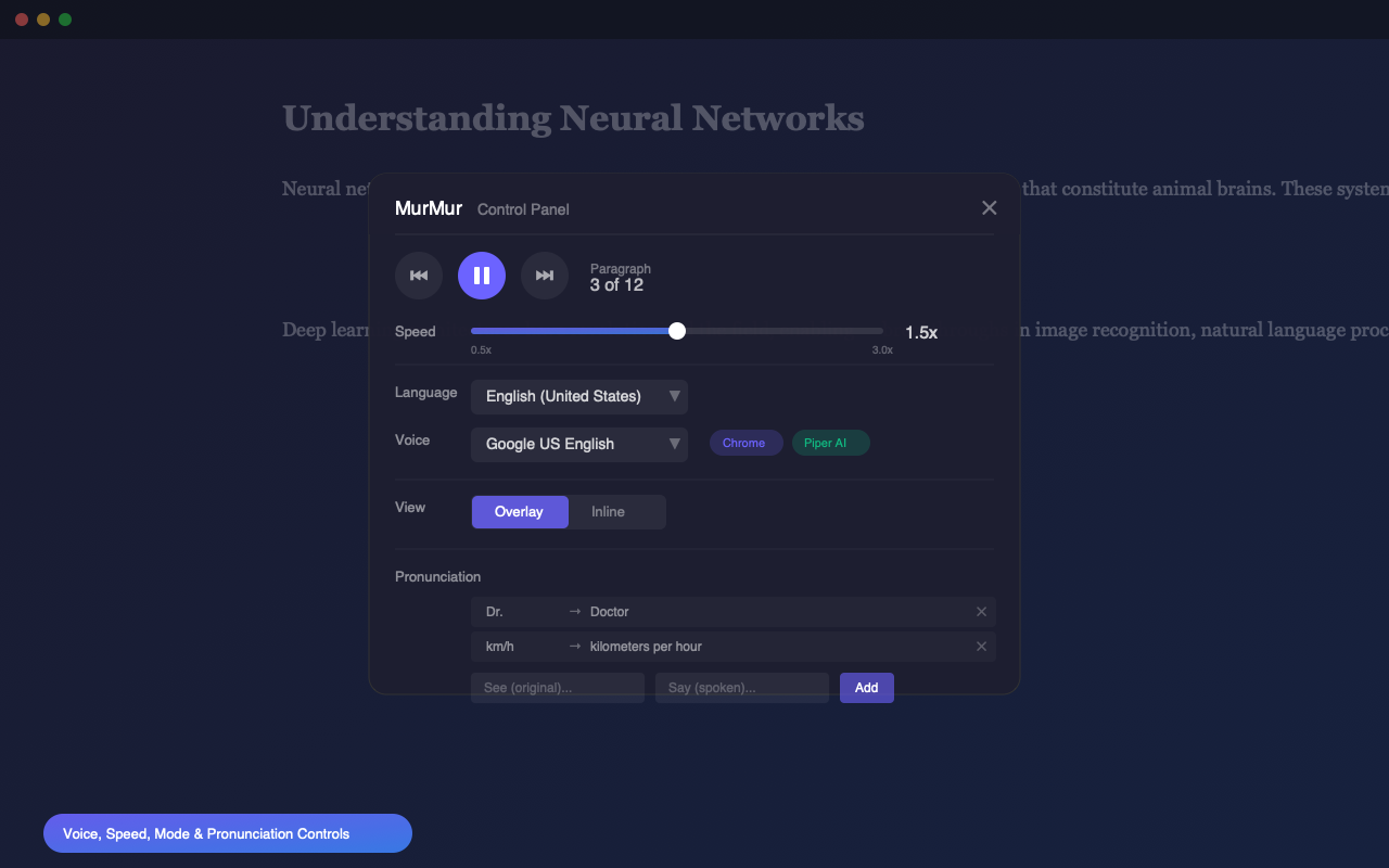 Control panel with voice and speed settings